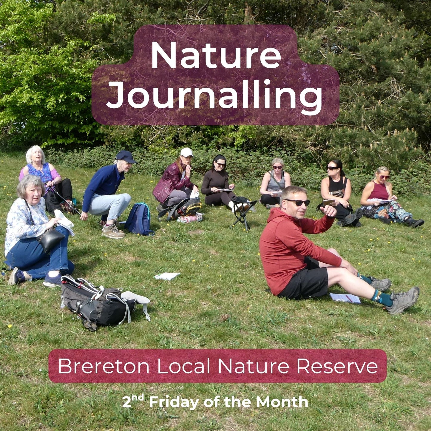 A group of people sitting on grass outdoors in Brereton Local Nature Reserve, with large overlaid text reading 'Nature Journalling' and additional text 'Brereton Local Nature Reserve' and '2nd Friday of the Month'.