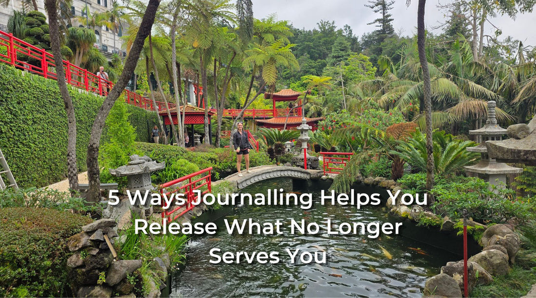 A photograph of a Japanese garden with tall green shrubs and a red painted bridge. Overlay text says '5 Ways Journalling Helps You Release What No Longer Serves You'