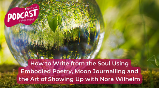 An image showing a nature background and a glass ball reflecting the greenery. Text overlay shows the podcast title, 'How to write from the Soul' with Nora Wilhelm