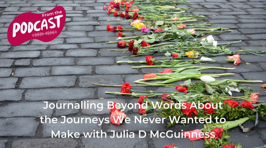 An image of dark grey paving bricks with colourful flowers spread along the bricks. The podcast title is overlaid as text.