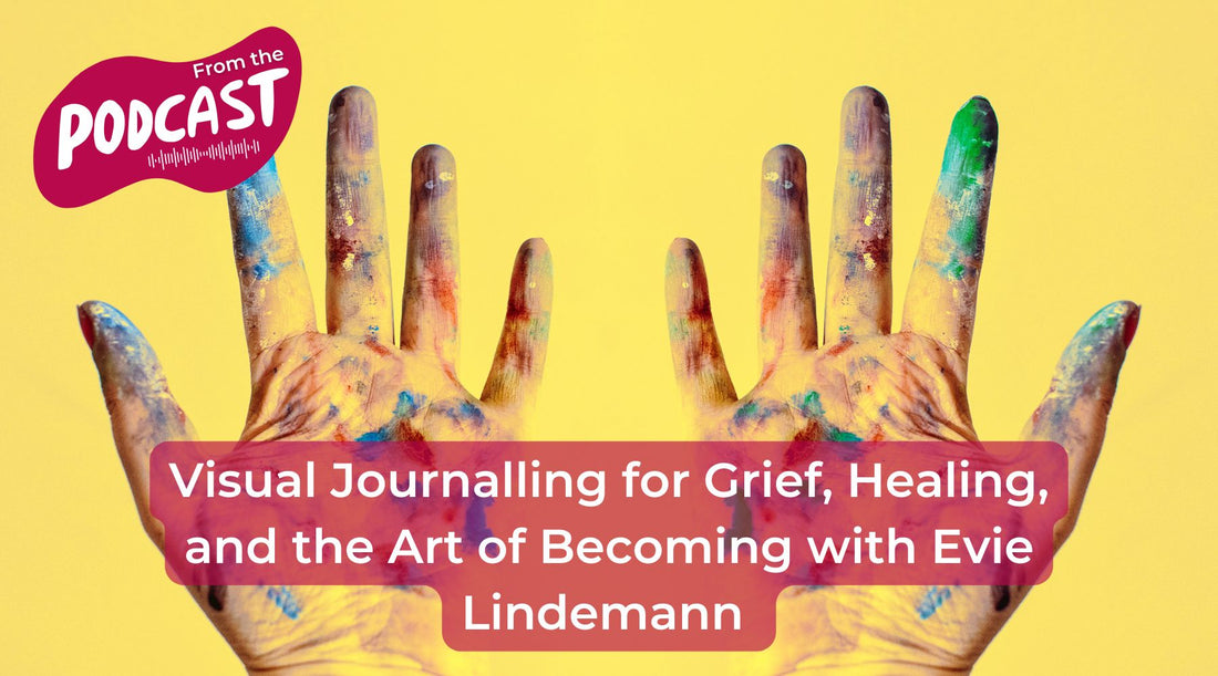 The palms of two messy, colourful painted hands, with a yellow background. The image shows the blog title 