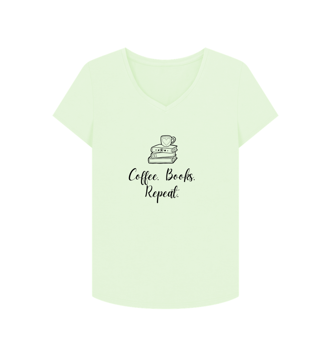 Pastel Green Female: 'Coffee. Books. Repeat.' T-Shirt