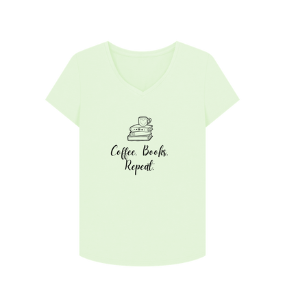 Pastel Green Female: 'Coffee. Books. Repeat.' T-Shirt