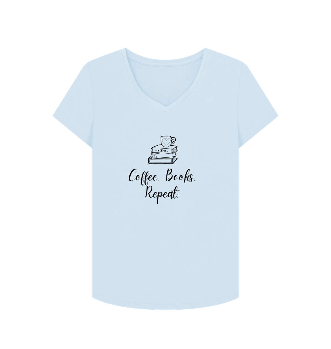 Sky Blue Female: 'Coffee. Books. Repeat.' T-Shirt