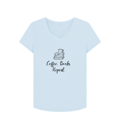 Sky Blue Female: 'Coffee. Books. Repeat.' T-Shirt