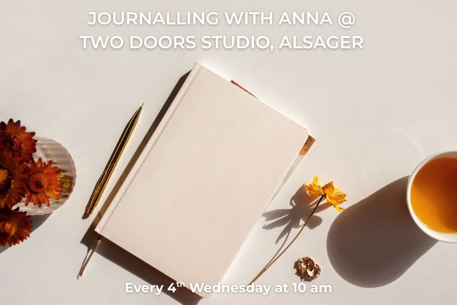 Promotional image for journalling event at Two Doors Studio with a notebook, pen, and tea.