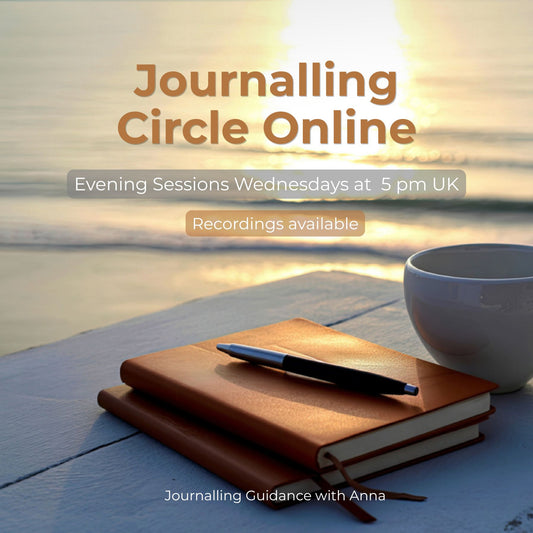 Promotional graphic for 'Journalling Circle Online' featuring a stack of brown journals and a black pen on a wooden surface next to a white mug, with a blurred beach sunset background and text detailing evening sessions on Wednesdays at 5 pm UK and available recordings.