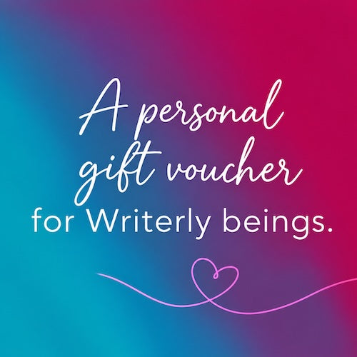 A square promotional graphic with a blue-to-pink gradient background and white script text reading 'A personal gift voucher for Writerly beings.' A thin pink heart-shaped line appears near the bottom.