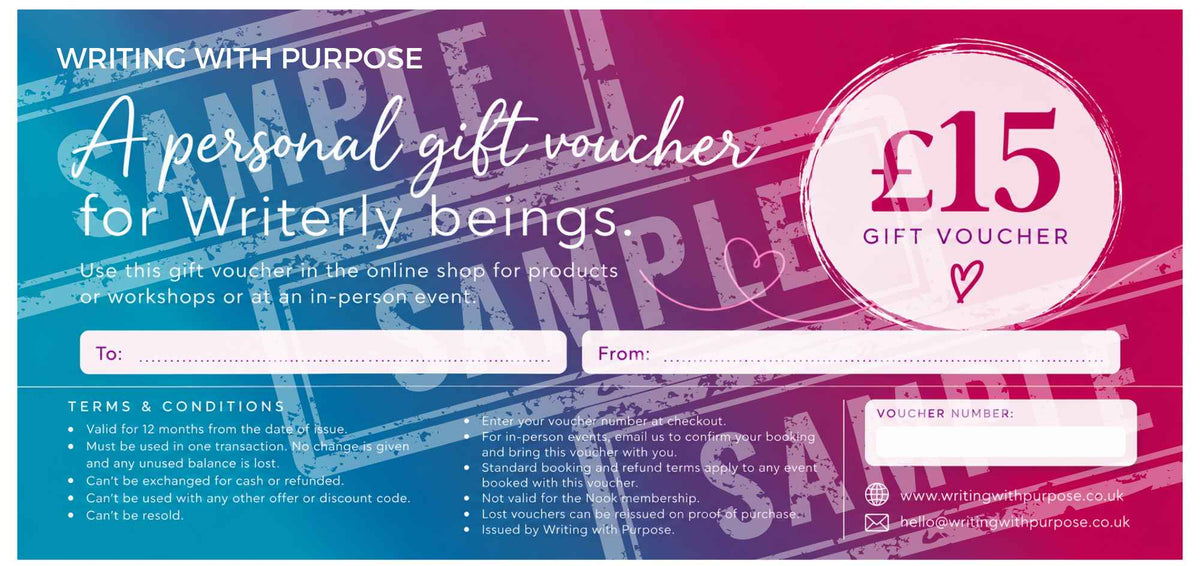 A digital graphic for a £15 personal gift voucher for writerly beings, featuring a pink and magenta gradient background with a blue translucent stamp overlay. The design includes white text, blank fields for 'To' and 'From', and terms and conditions text at the bottom.