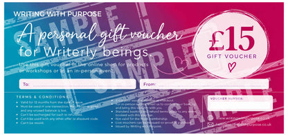 A digital graphic for a £15 personal gift voucher for writerly beings, featuring a pink and magenta gradient background with a blue translucent stamp overlay. The design includes white text, blank fields for 'To' and 'From', and terms and conditions text at the bottom.