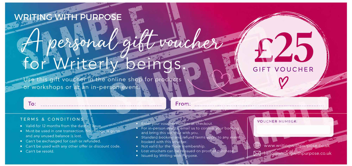 A digital graphic of a £25 personal gift voucher for writerly beings, featuring a split blue and magenta background with diagonal text stamps, white text, and fill-in boxes for 'To' and 'From'.