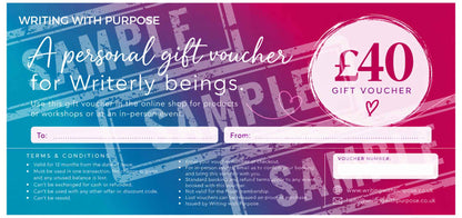 A digital graphic of a £40 personal gift voucher for writerly beings, featuring a split blue and magenta background with diagonal text stamps, white text, and fill-in boxes for 'To' and 'From'.