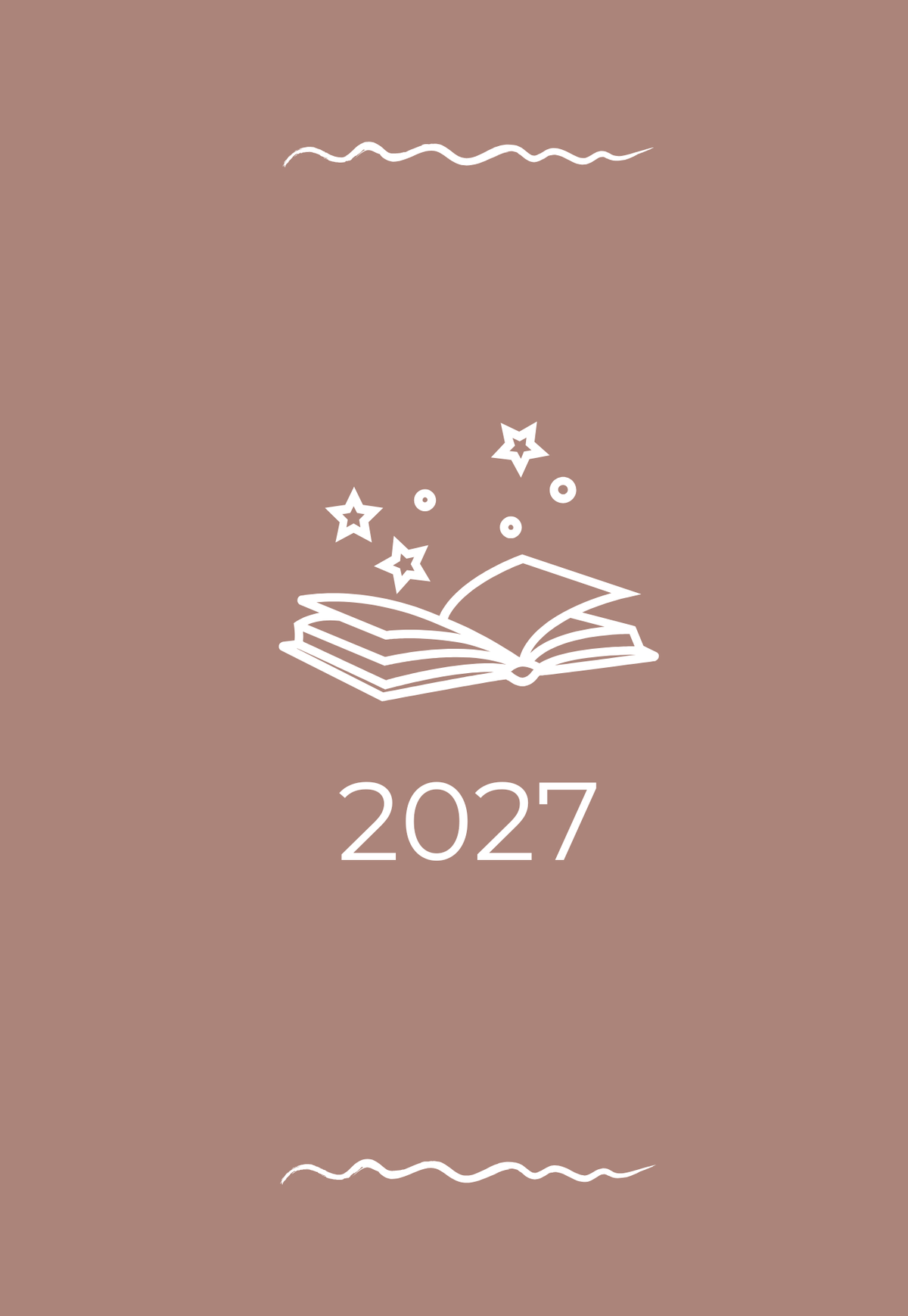 A minimalist graphic design featuring a white line art illustration of an open book with floating stars and dots, centered on a solid earthy mushroom background with the year '2027' written below.
