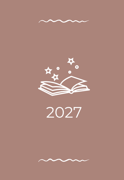 A minimalist graphic design featuring a white line art illustration of an open book with floating stars and dots, centered on a solid earthy mushroom background with the year '2027' written below.
