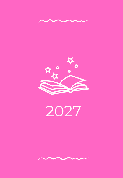 A pink square graphic with a white line drawing of an open book and stars, with the text '2027' centered below the illustration.