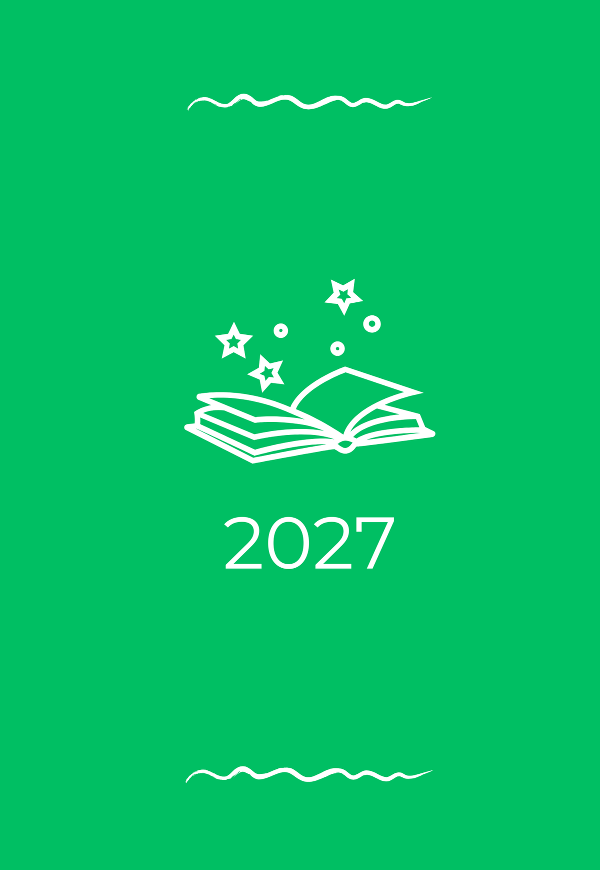 Graphic of a forest green diary with a white open book and stars outline titled '2027'.