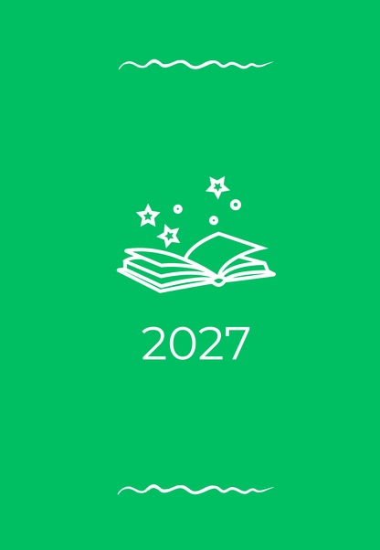 Graphic of a forest green diary with a white open book and stars outline titled '2027'.