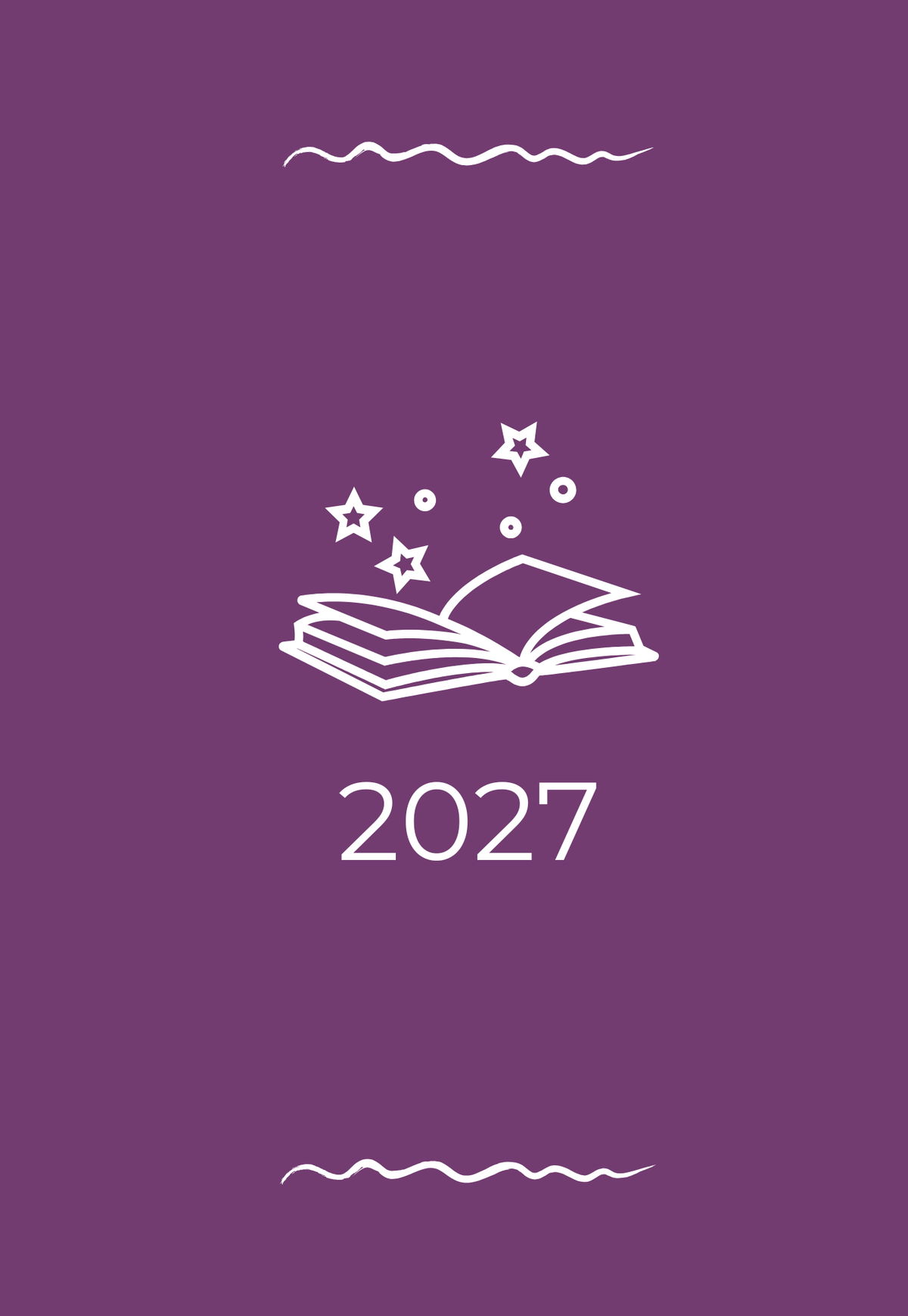 A purple square graphic with a white line drawing of an open book and stars, with the number 2027 centered below, framed by small wavy line decorations near the top and bottom.