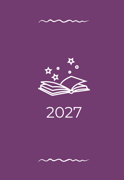A purple square graphic with a white line drawing of an open book and stars, with the number 2027 centered below, framed by small wavy line decorations near the top and bottom.