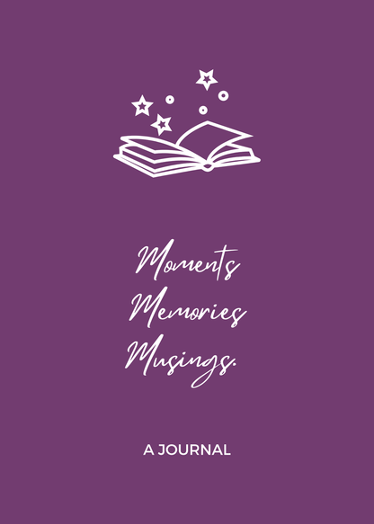 A purple journal cover featuring a white line art illustration of an open book with stars above, and the text 'Moments Memories Musings' and 'A JOURNAL' in white script and sans-serif fonts.