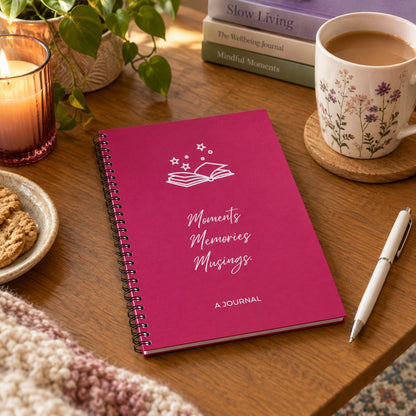 A magenta spiral-bound journal with white text reading 'Moments Memories Musings' and 'A JOURNAL' sits on a wooden table in a cosy lifestyle setting, surrounded by a lit candle, a floral mug of tea, cookies, and stacked books.