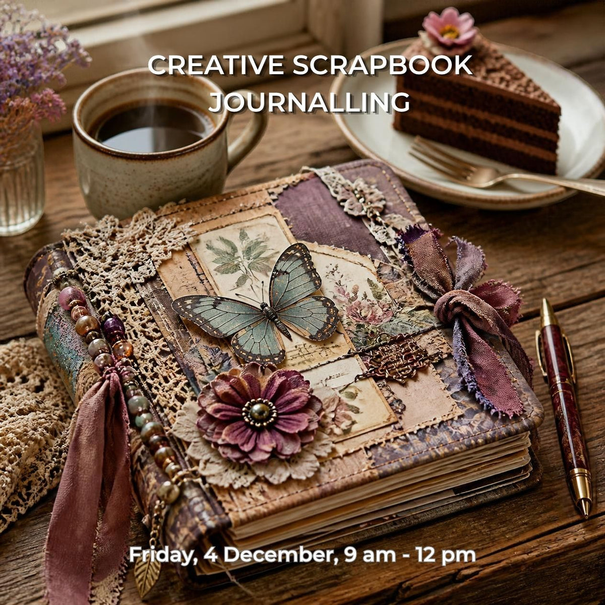 A decorative handmade scrapbook journal with a butterfly and floral embellishment, styled on a wooden table with a cup of coffee, a slice of chocolate cake, and a pen. Text overlays read 'CREATIVE SCRAPBOOK JOURNALLING' and 'Friday, 4 December, 9 am - 12 pm'.