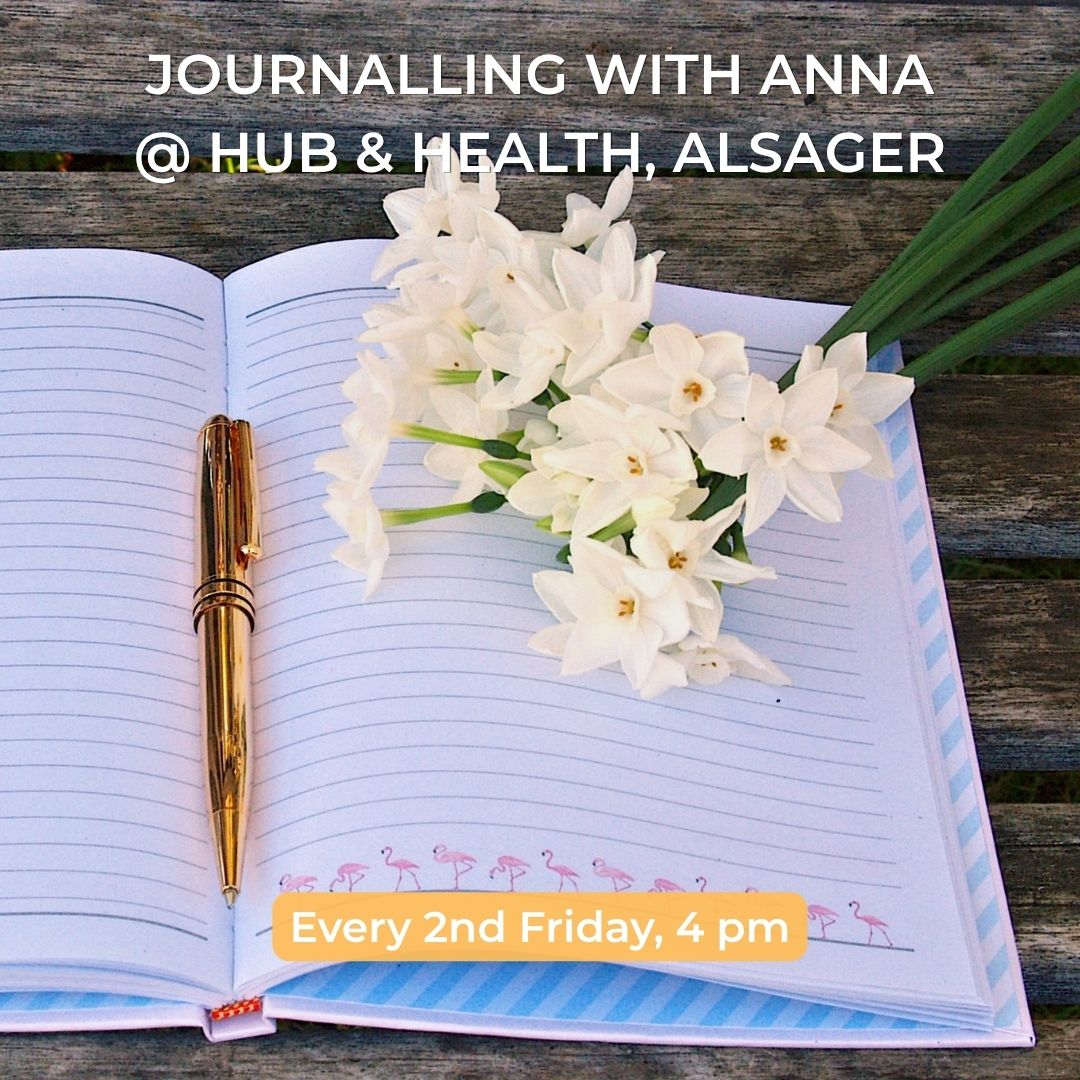 Writing with Purpose Graphic Showing a Journal, Pen, and Flowers, Promoting.a Journalling Circle in Alsager