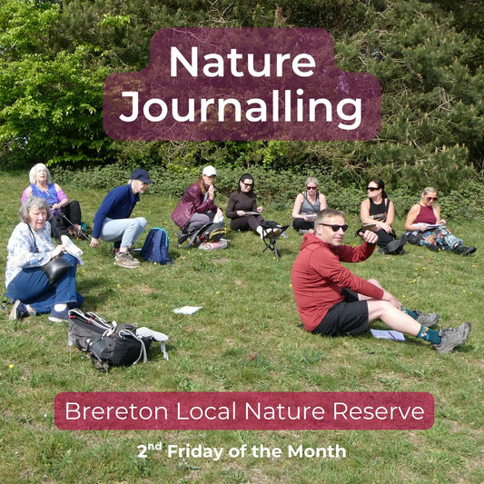 A group of people sitting on grass outdoors in Brereton Local Nature Reserve, with large overlaid text reading 'Nature Journalling' and additional text 'Brereton Local Nature Reserve' and '2nd Friday of the Month'.
