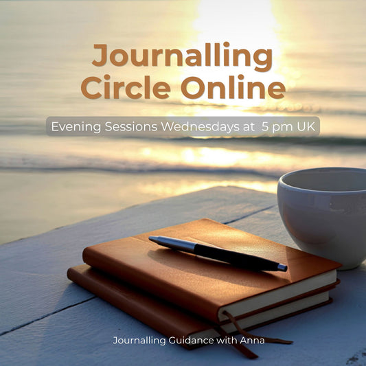 Promotional graphic for 'Journalling Circle Online' featuring a stack of brown journals and a black pen on a wooden surface next to a white mug, with a blurred beach sunset background and text detailing evening sessions on Wednesdays at 5 pm UK.