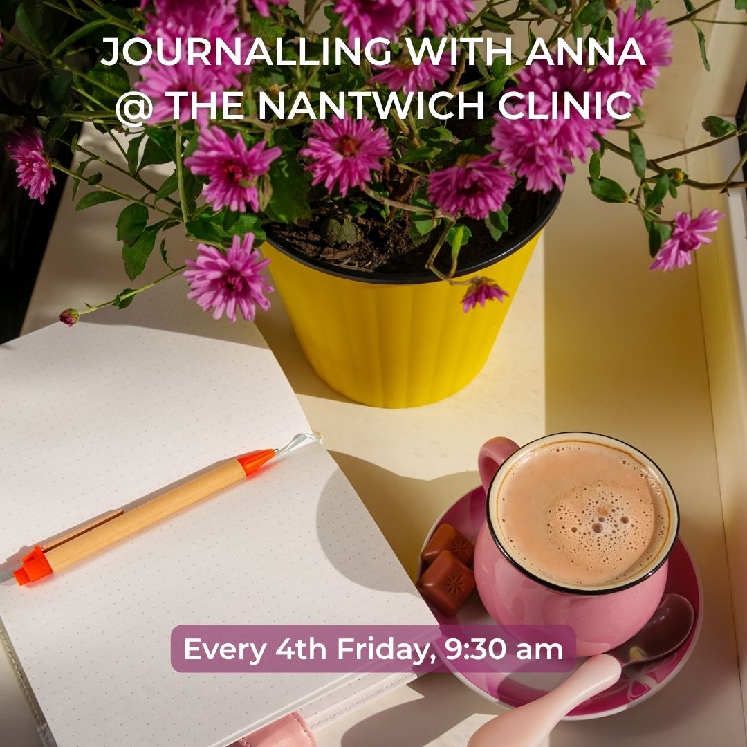 Writing with Purpose graphic showing a pink cup of coffee with saucer, pen, and notebook on a light surface with purple flowers in the background, promoting a journalling circle in Nantwich.