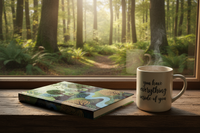 Show a high-gloss journal with a nature setting on the cover. The journal is on a window ledge, next to a mug with the words 'you have everything inside of you'. Beyond the window is woodland.